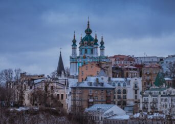 Gloomy picture of church on a hill in Kyiv, Ukraine.
