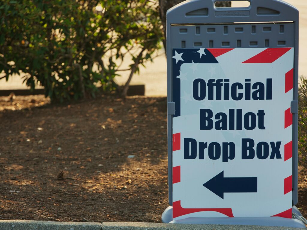 Photo of an official ballot drop box outside in Ferndale, WA, USA, during election season.