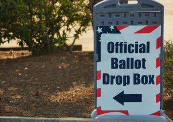 Photo of an official ballot drop box outside in Ferndale, WA, USA, during election season.